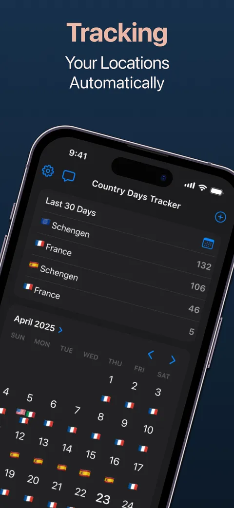 Tracking your locations automatically: last 30 days by country and a calendar of the countries you visited