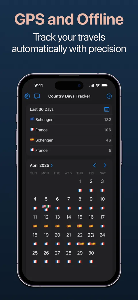 GPS and offline tracking with a country list and monthly calendar