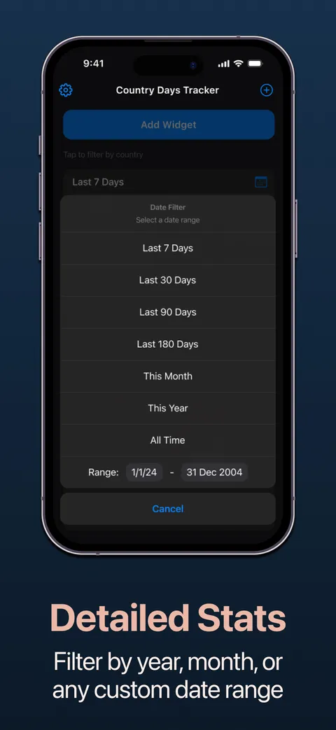 Detailed stats with date filters: last 7, 30, 90 or 180 days, this month, this year, all time or a custom range